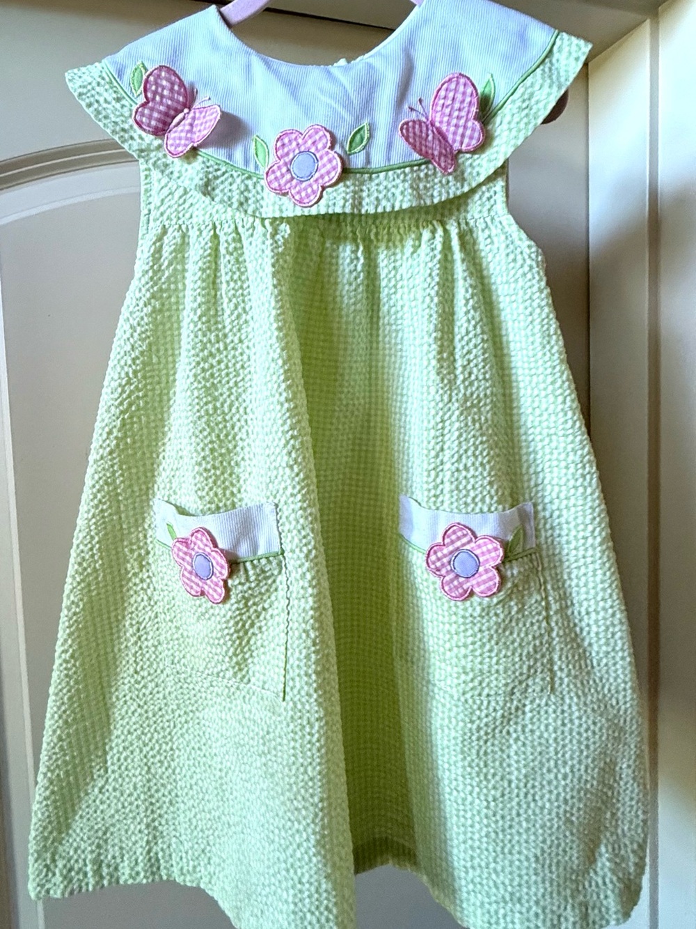 Girls' sz 6,Seersucker Pale Green Textured Dress,Pink Floral & Butterfly,Pockets